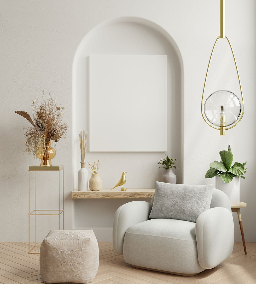 Minimalist living room with neutral tones and balanced proportions — showcasing golden ratio in interior design through furniture and decor placement.