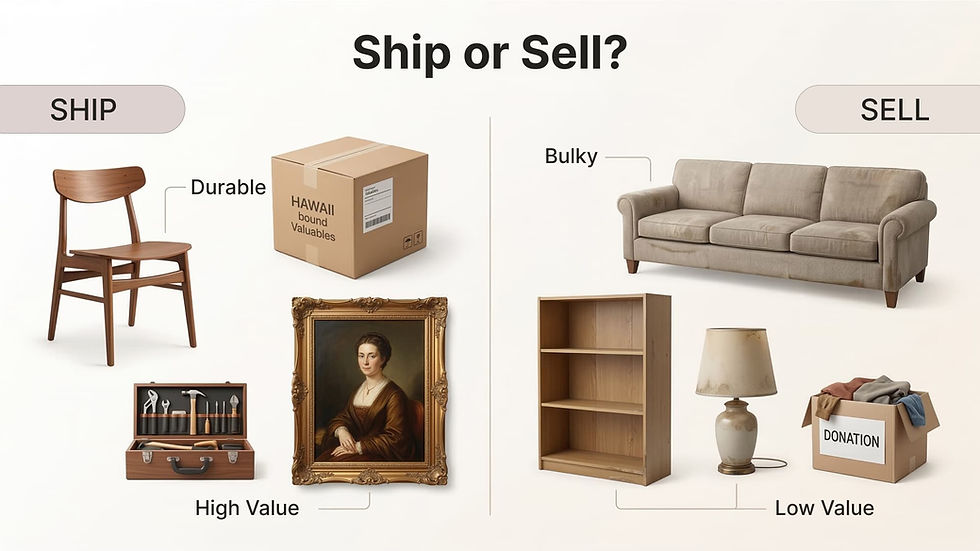Infographic comparing high-value items to ship to Hawaii (wood furniture, tools) vs. bulky, low-value items to sell (old couches, basic shelves)