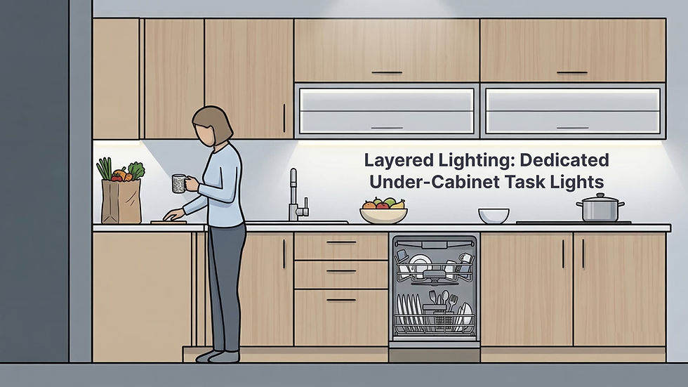 Illustration of a layered lighting plan for a kitchen, featuring dedicated under-cabinet task lights on the work countertop.