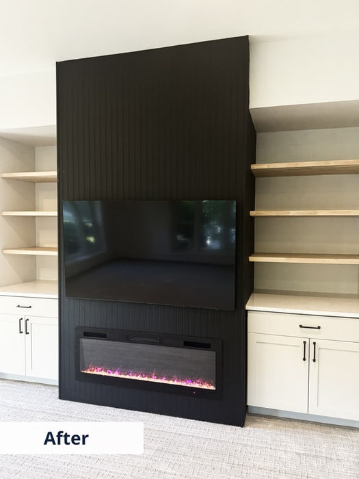 Completed media wall with fireplace, television, and shelves