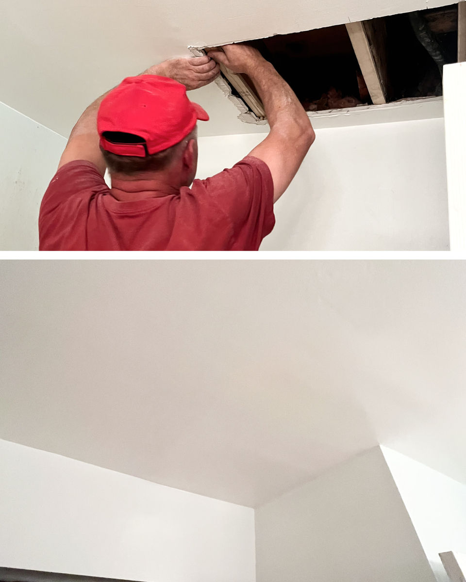 Water-damaged drywall ceiling replaced and restored by a contractor.