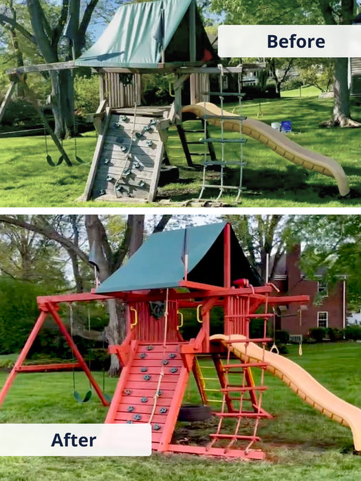 Before and after photo of wooden backyard playset fully cleaned, repaired, and painted red with yellow slides