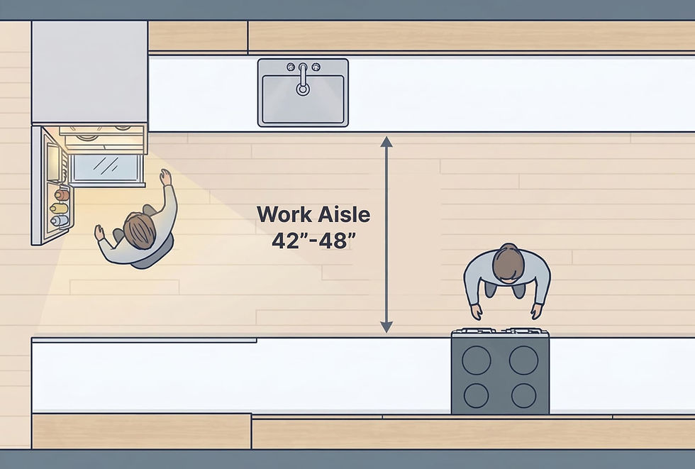 Galley kitchen schematic showing 42–48 inch dimension for cooking work aisle.