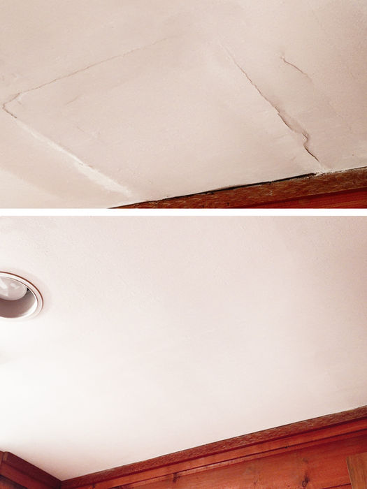 Drywall ceiling patch and paint after water damage restoration.