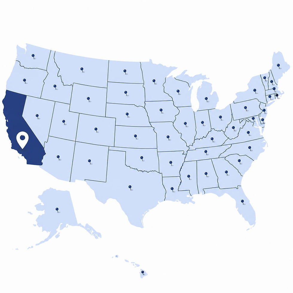 Map of the United States with California highlighted, showing EZ MoveIt long-distance service across all 50 states.