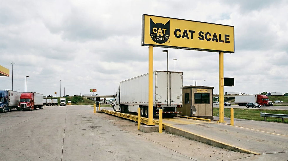 A moving truck being weighed on a certified CAT Scale platform under a yellow sign.