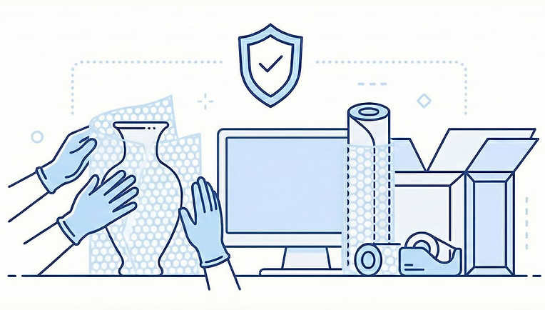 Illustration of movers carefully wrapping fragile items like vases and electronics for a partial packing service