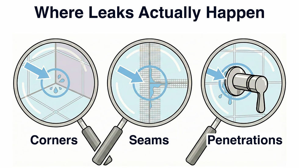 Illustration showing common shower leak areas: tile corners, board seams, and plumbing penetrations.
