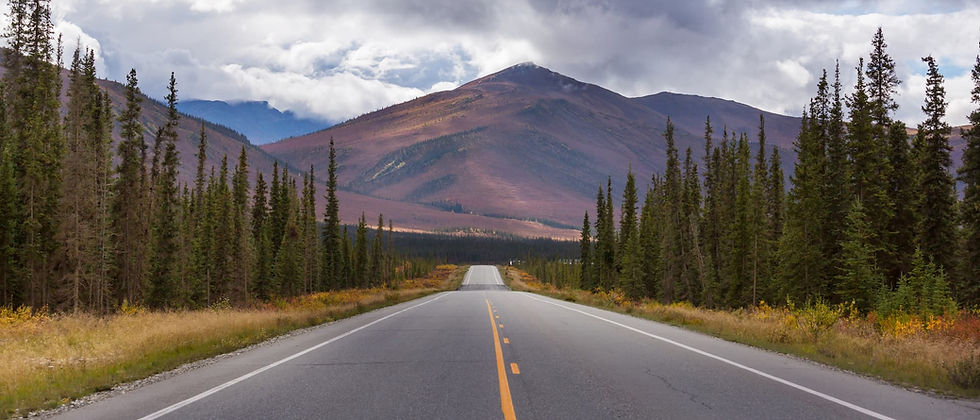 Scenic highway surrounded by pine trees leading to mountains, representing the route for moving to Alaska by road.