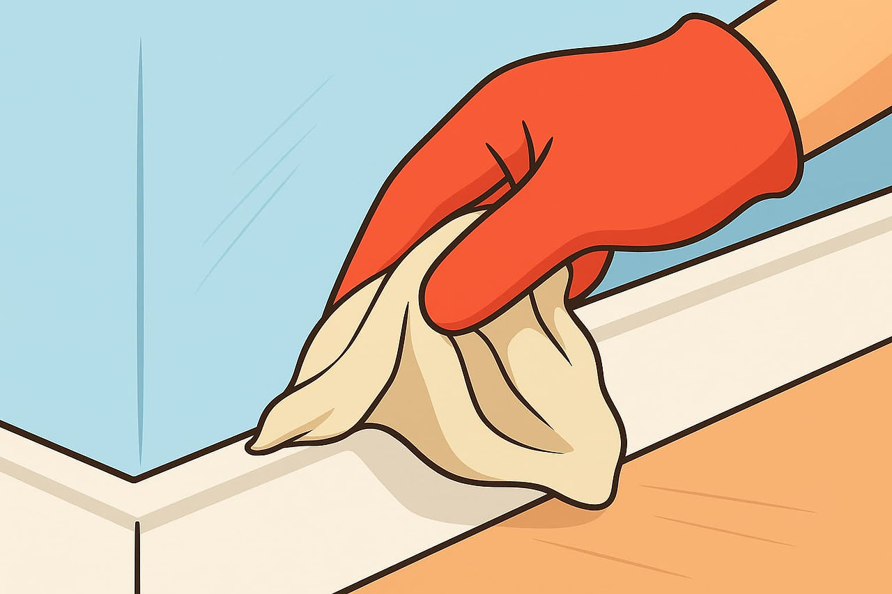 Hand in a red glove wiping the joint with a cloth to clean and prep the surface.