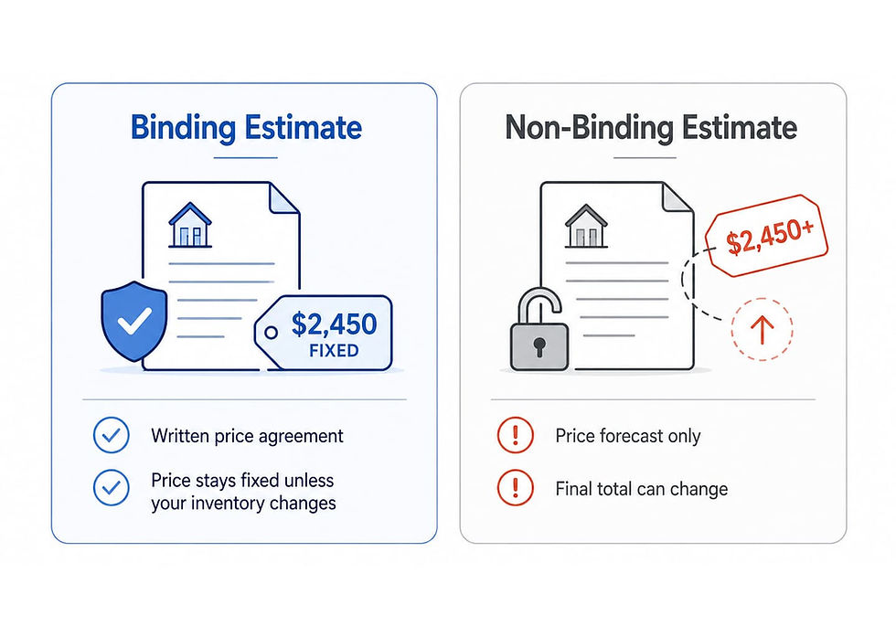 Visual comparison of a secure binding estimate with fixed pricing versus a risky non-binding estimate for long-distance moving services.