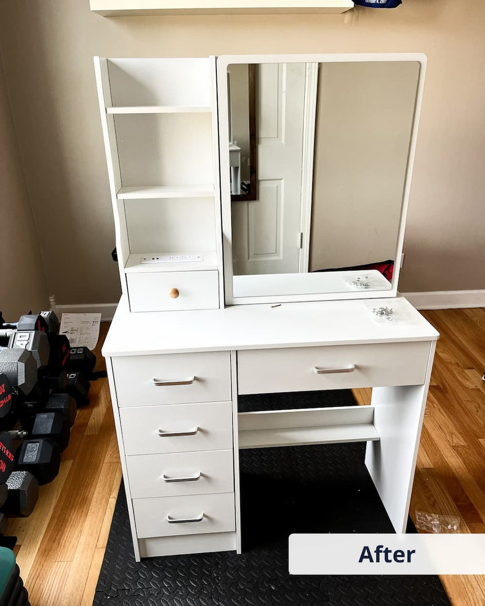 White vanity installation — bedroom upgrade
