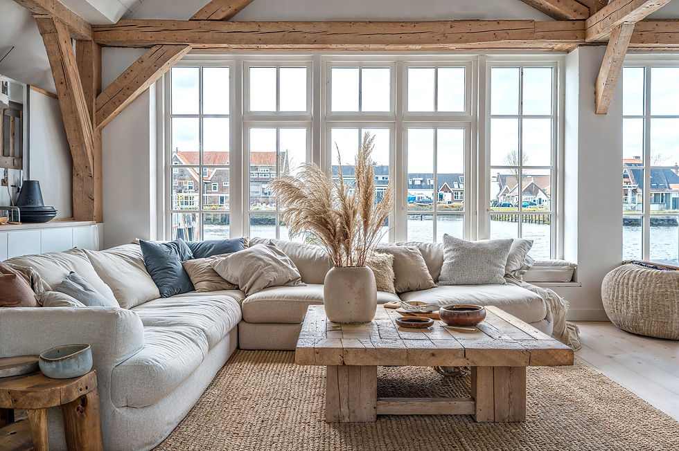 Cozy Coastal-style living room with a large sectional sofa, rustic wood beams, natural textures, and canal view through tall windows.