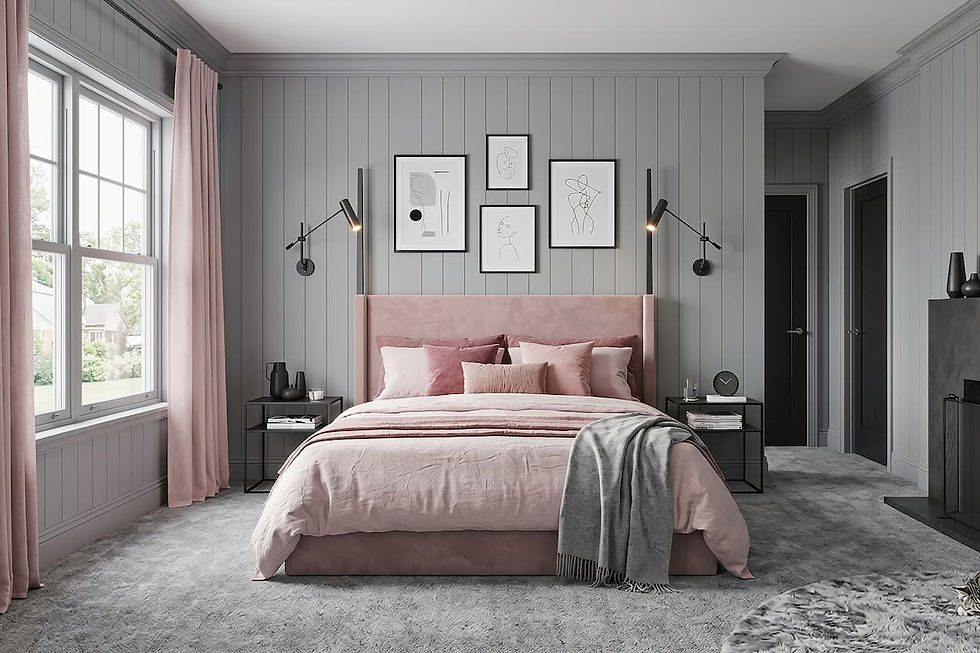Master bedroom in an American home with gray paneled walls, dusty pink bedding, and black accents using the 60-30-10 color ratio.