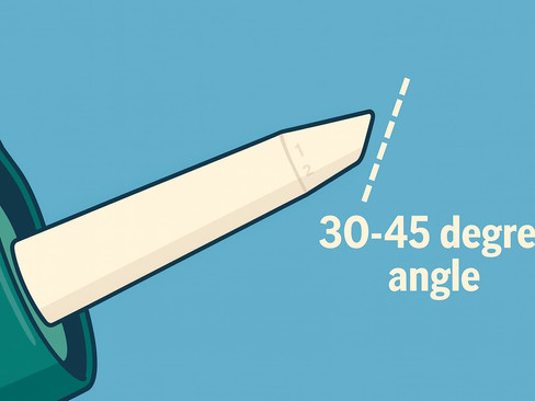 Close-up of a caulk tube nozzle cut at a 30–45 degree angle, showing the correct way to prepare the tip before applying caulk.