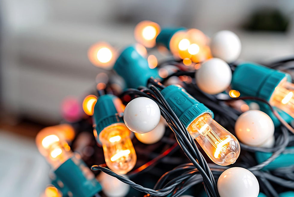 Close-up of outdoor Christmas light bulbs — LED and incandescent types — showing the difference in color and design.