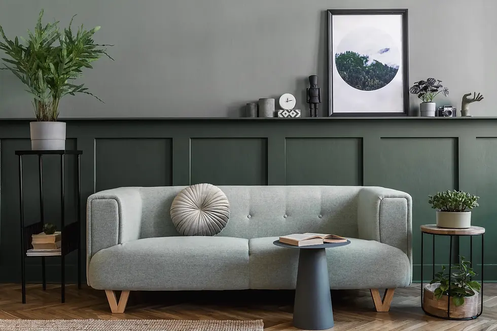 Accent wall ideas with green wood paneling and calm, Scandinavian-inspired interior decor.