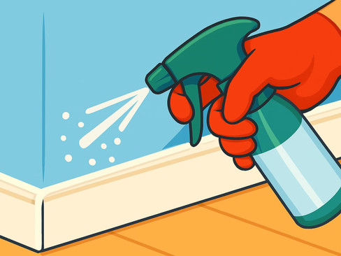 Hand spraying soapy water along a caulked joint to prepare it for smoothing.