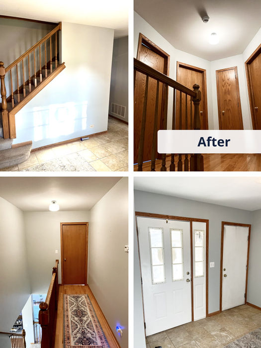 After photo of hallway and entry area with warm lighting and newly painted neutral walls
