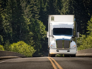 White moving truck driving through a forest road for a guide about moving to Alaska cost and transit time.