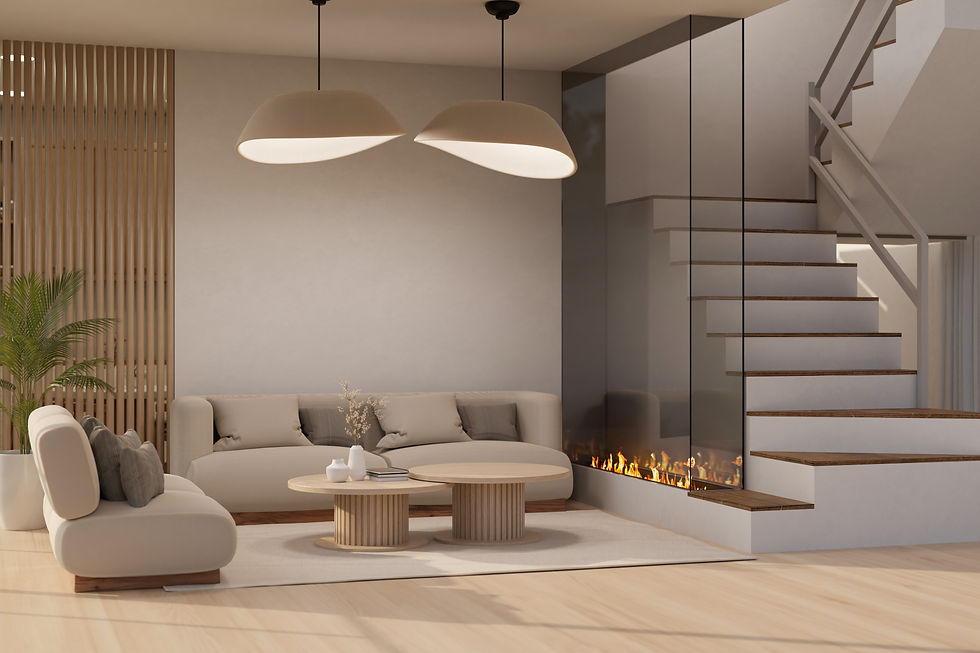 Modern minimalist living room with neutral colors and built-in fireplace