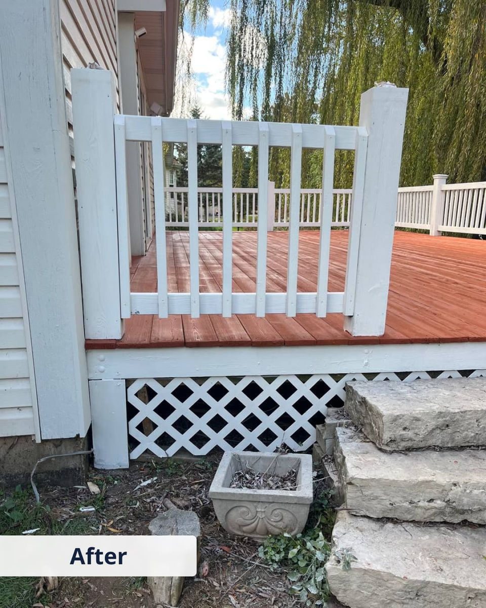 Repaired deck entrance with new gate, posts, decking, and lattice