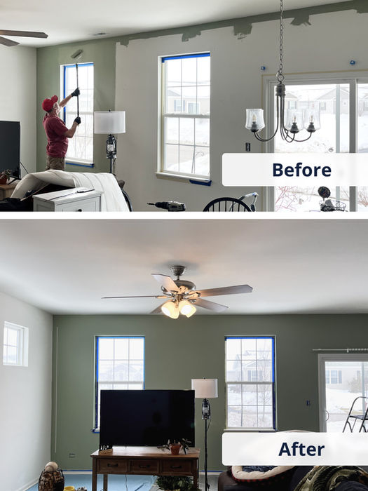 Before and after photo of living room repainting with updated sage green wall color and clean ceiling lines