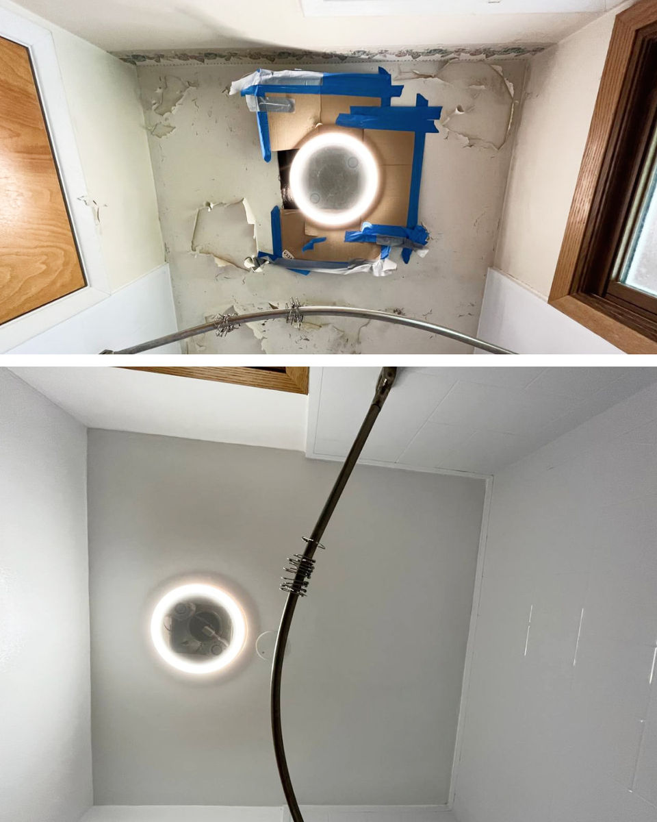 Drywall ceiling repair around recessed light fixture with clean patch and finishing.