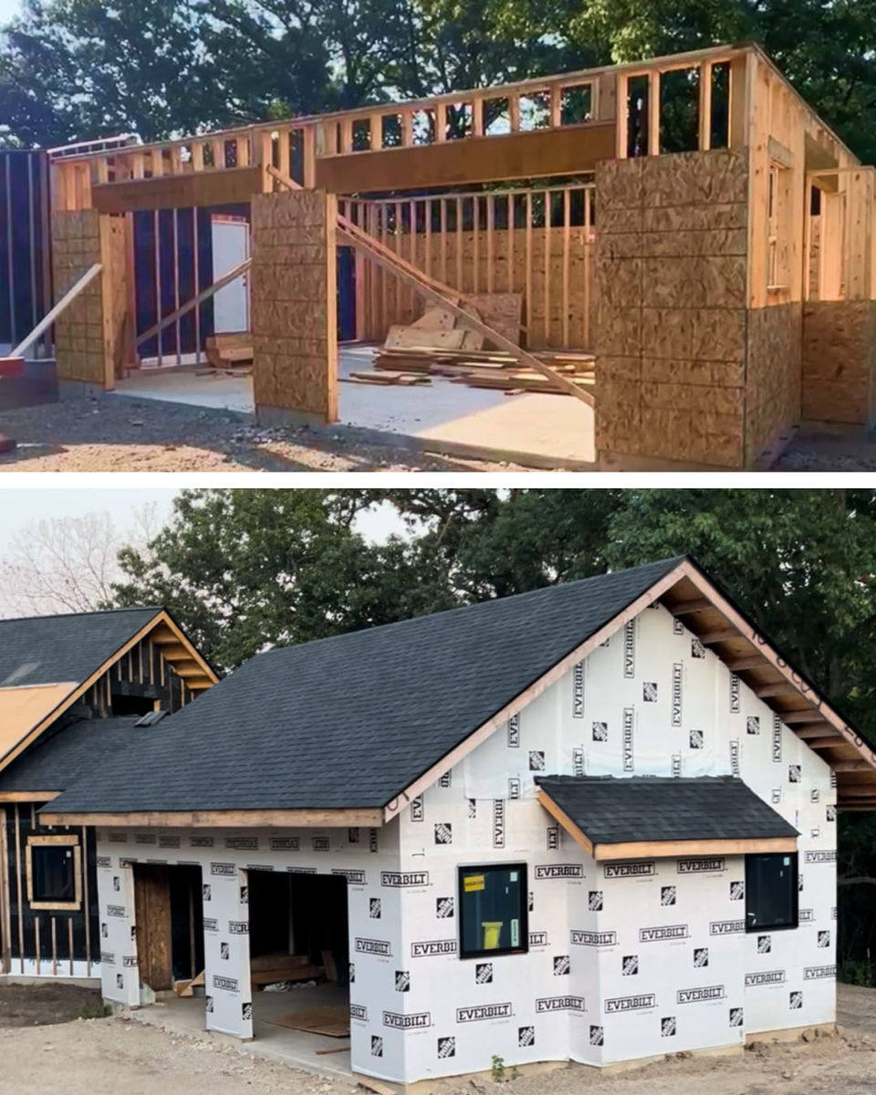 New home construction with wood framing and roof installation in early phase.
