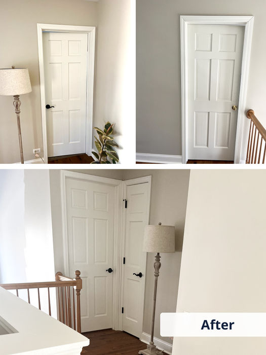 After photo of hallway with crisp white doors and freshly painted light gray walls