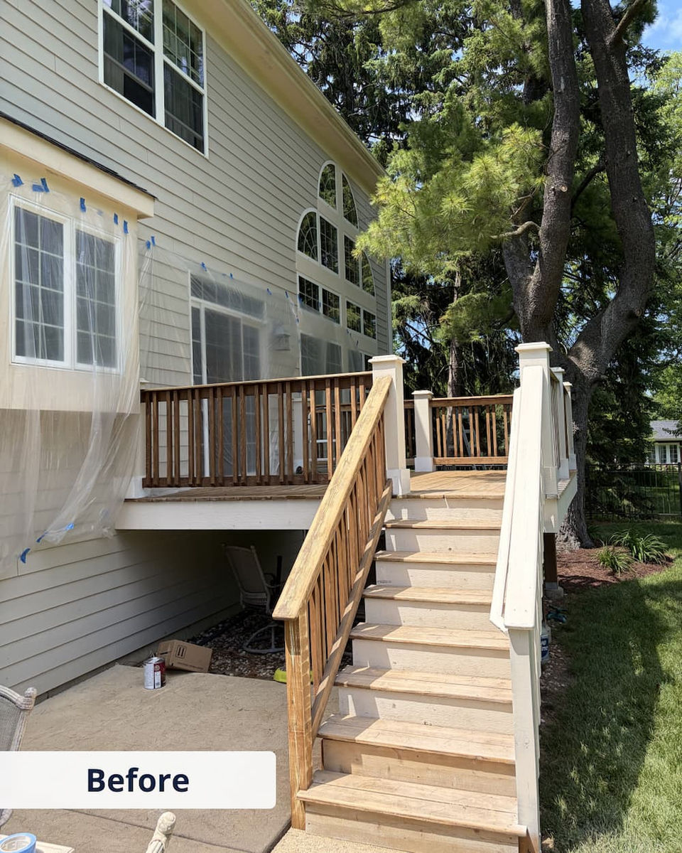 Wood deck stairs and railing before repair and painting near Palatine IL