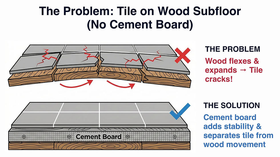 Diagram comparing cracked tile on a flexing wood subfloor versus a stable tile floor installed over cement board.
