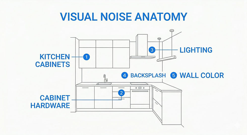 Ответ Gemini
"Visual Noise Anatomy" kitchen schematic diagram, with numbered callouts identifying cabinets (1), hardware (2), lighting (3), backsplash (4), and wall color (5).