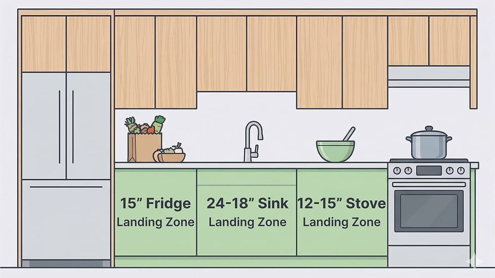 Kitchen countertop planning guide illustrating landing zones: 15" for fridge, 24-18" for sink, and 12-15" for the stove area.