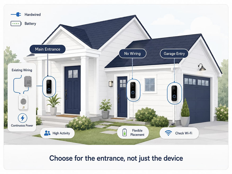 Hardwired and battery video doorbells shown at different home entrances, including a main door, side entrance, and garage.