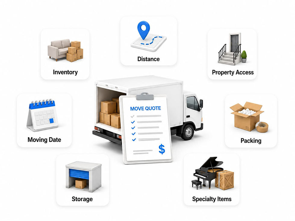 Infographic showing key factors that affect the cost of moving out of Colorado, including distance, inventory, access, date, packing, storage, and specialty items.
