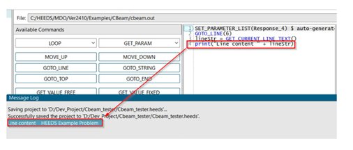 Exemplo de uso do comando GET CURRENT LINE TEXT no HEEDS para capturar e exibir o conteúdo de uma linha específica de um arquivo durante a automação de processos.