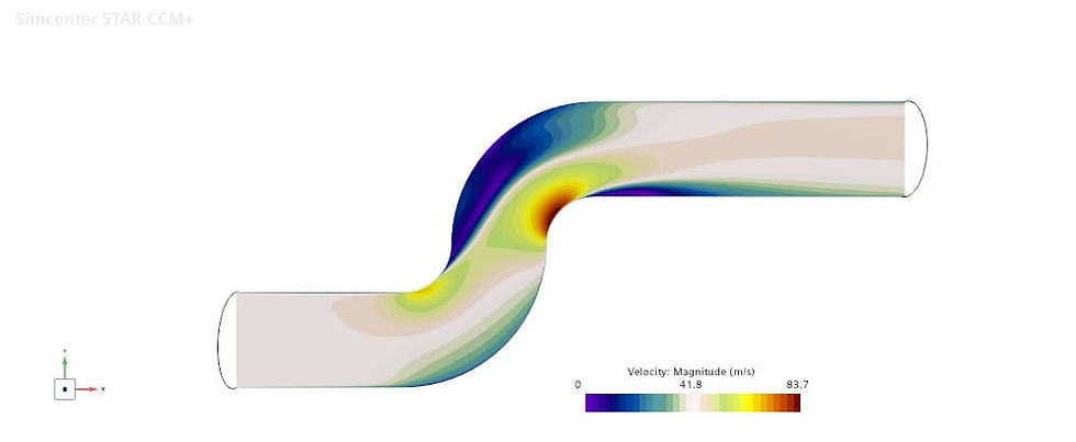 Simulação CFD de fluxo em tubo curvo com mapa de velocidade.