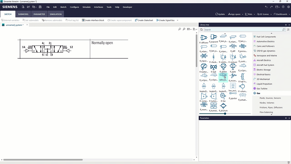 Interface do Simcenter Amesim para modelagem de sistemas hidráulicos e pneumáticos 1D.
