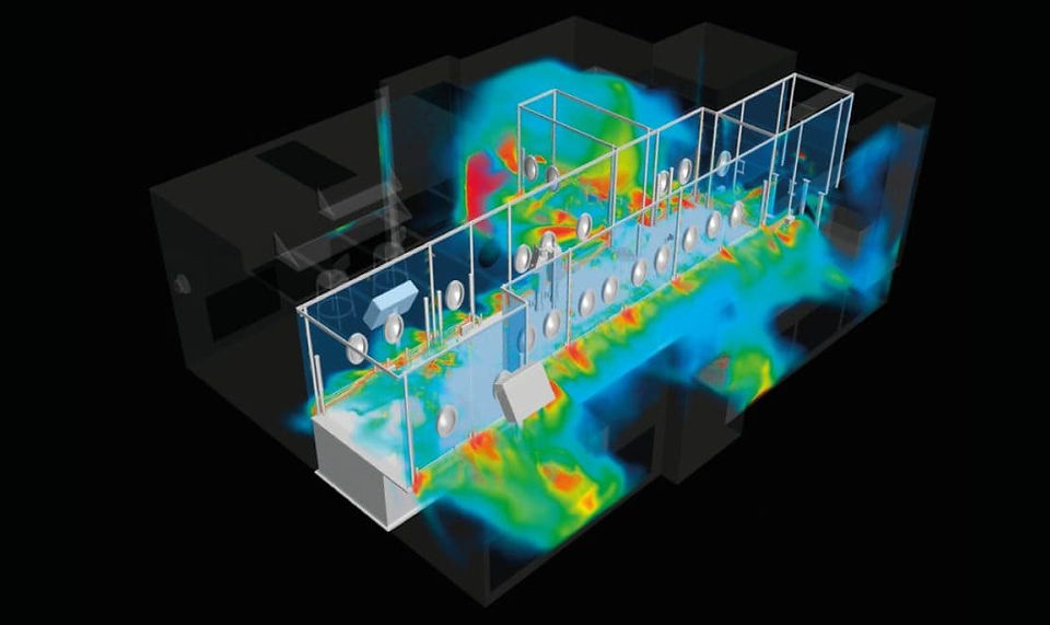 Simulação CFD de fluxo de ar colorido em linha de produção farmacêutica com ambiente controlado.