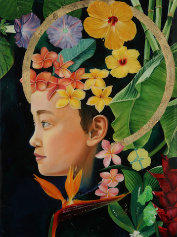 Portrait of a young girl with flowers surrounding her head. Painting of hibiscus, morning glories, plumeria, and bird of paradise; all are flowers common in Hawaii. There is a golden halo surrounding her.