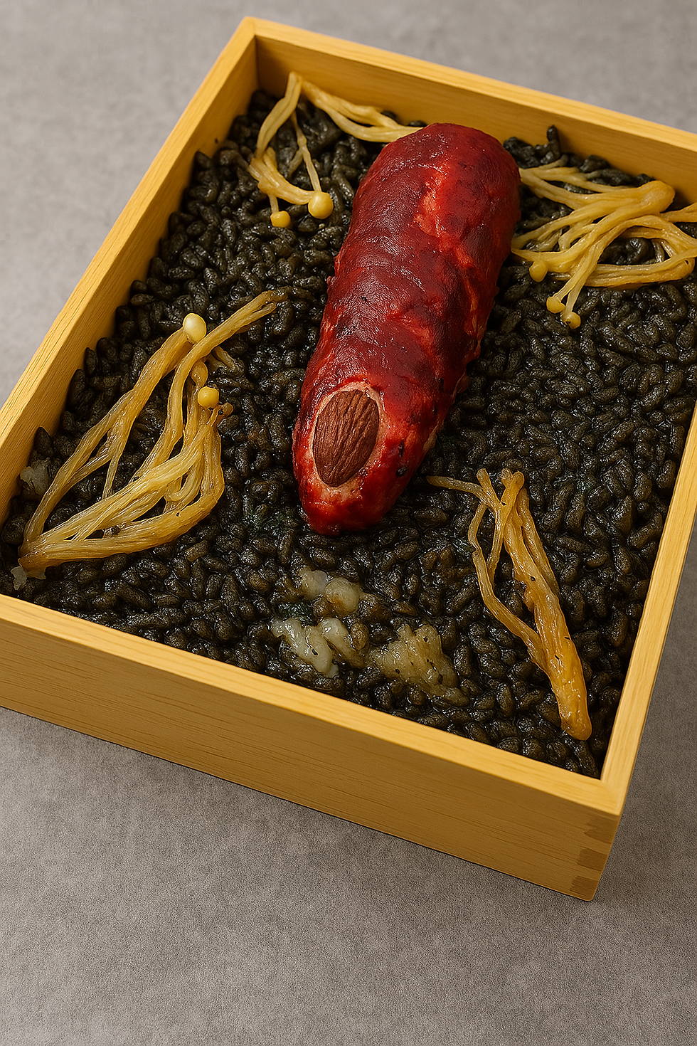 Only the brave dare open this bento box: black garlic rice protected by a cursed "finger" — actually a hot dog wrapped in flaky croissant dough. Even Sukuna himself might want a second helping (or a new vessel).