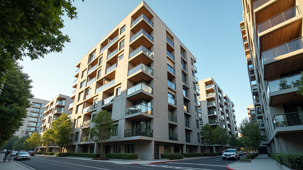 Eye-level view of a modern multifamily apartment building