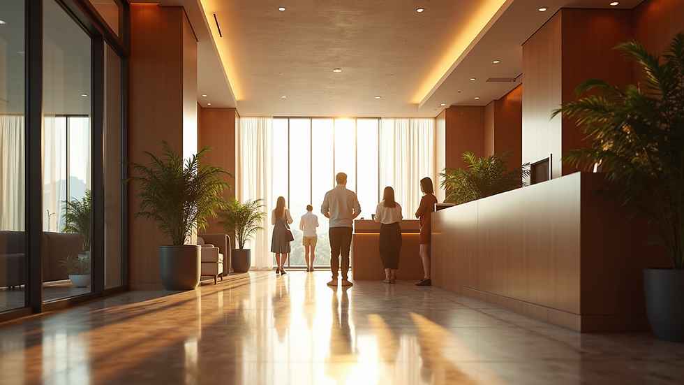 Eye-level view of a modern resort lobby with guests checking in