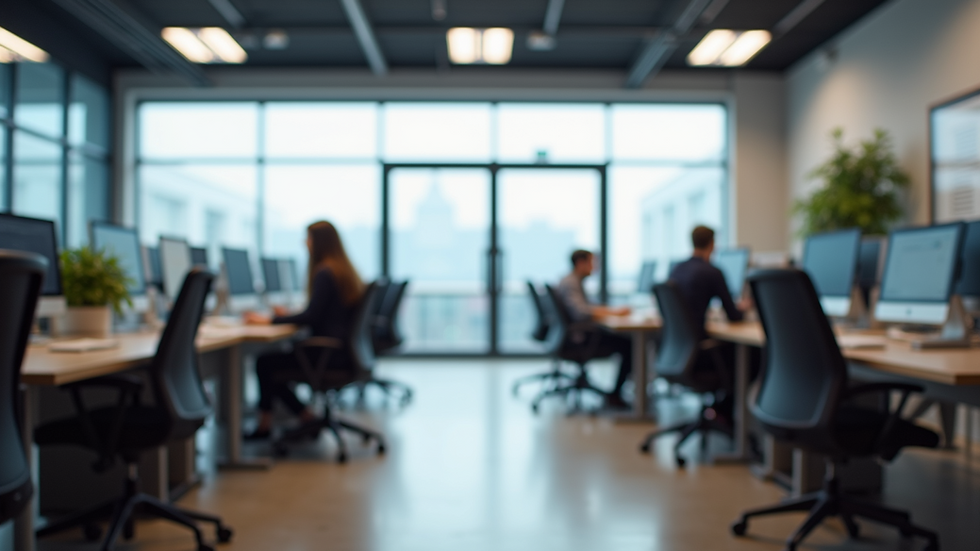 Eye-level view of a modern office space with collaborative workstations