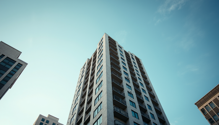 Eye-level view of a high-rise apartment building in downtown Los Angeles