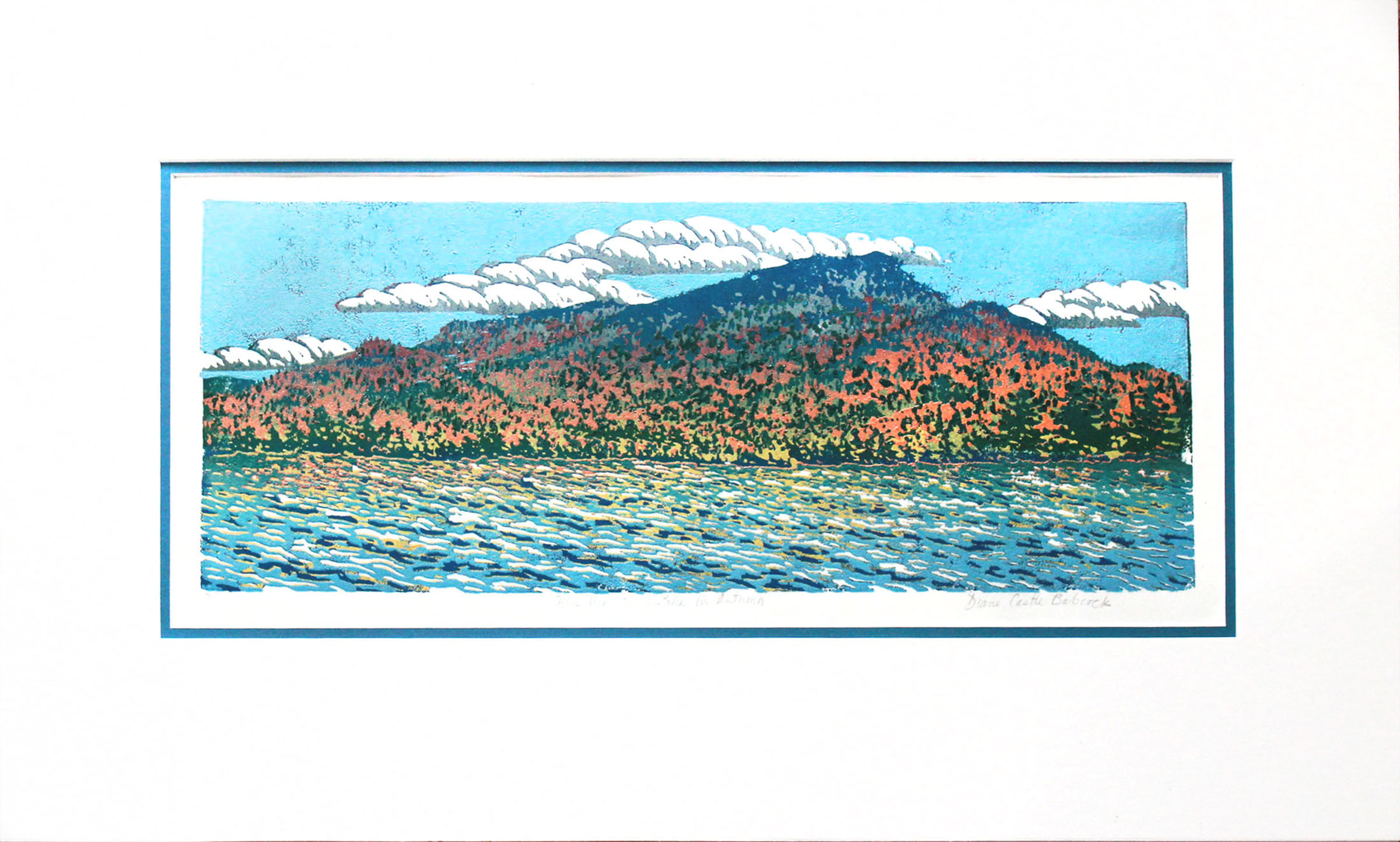 Blue Mountain Lake in Autumn Linoleum Block Print