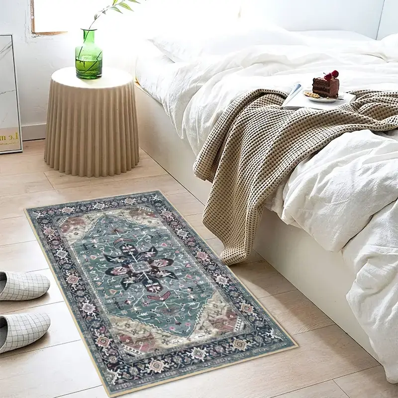Blue Grey Tribal Oriental Area Rug with Non-Slip Backing