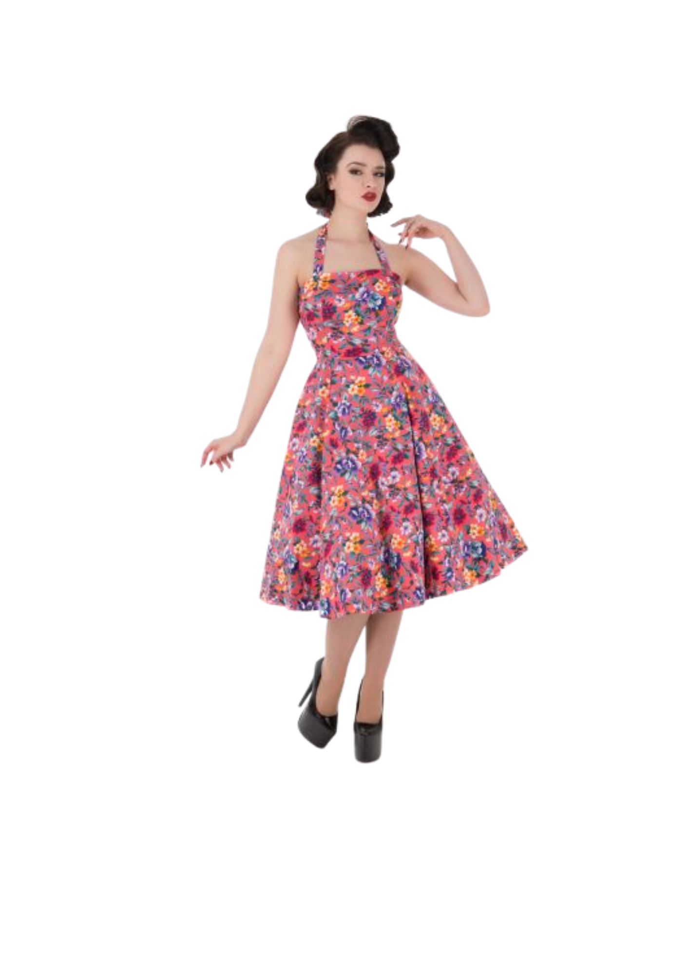 Coral floral halterneck swing dress front view, vintage-inspired pin up style, sizes 8-18