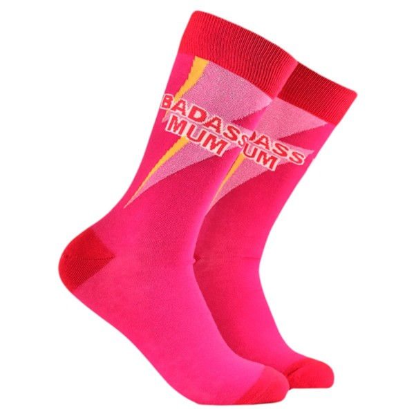 Women's novelty socks with 'Badass mum' text in pink, gift for mothersday